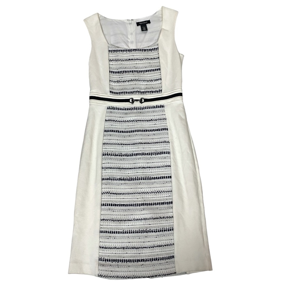WHBM CLASSY CAREERWEAR CREAM BLACK SILVER TWEED SHEATH DRESS CHAIN LOOP BELT Sz2